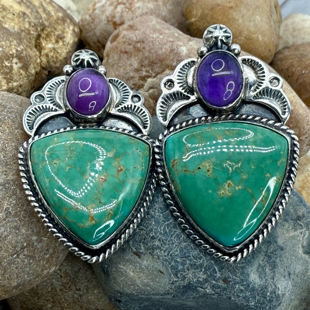 Native American Sterling Silver Turquoise & Amethyst Earrings “Revé” – 22.64g - Picture 6 of 17